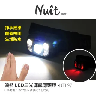 【NUIT 努特】浣熊 LED三光源感應頭燈 賞螢火蟲必備 揮手感應 多模式照明 USB充電頭燈(NTL97-兩入)