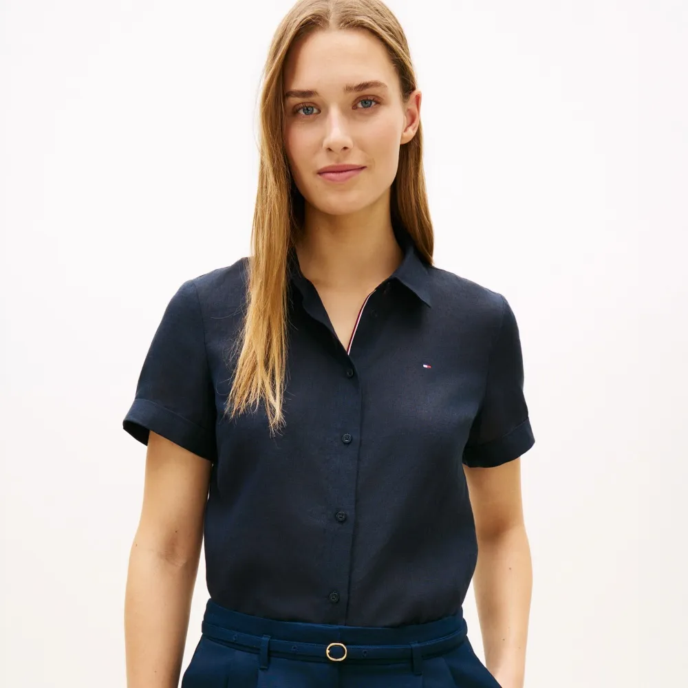 【TOMMY HILFIGER】官方旗艦館寬版亞麻短袖襯衫_藍色