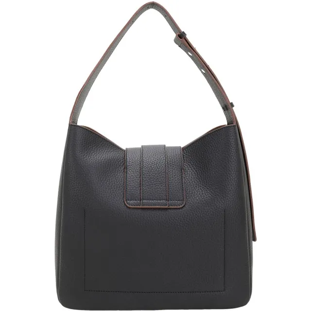 【HOGAN】Trend Hobo H流蘇翻蓋扣帶 荔紋牛皮手提 肩背包-黑色