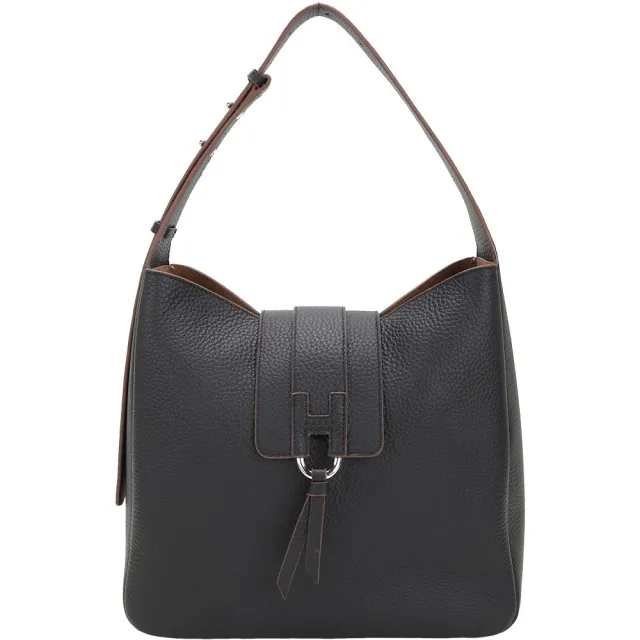 【HOGAN】Trend Hobo H流蘇翻蓋扣帶 荔紋牛皮手提 肩背包-黑色