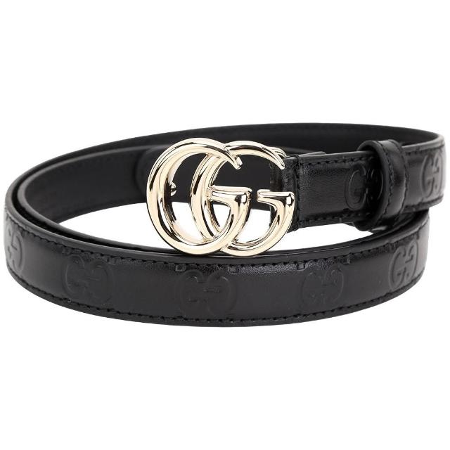 【GUCCI 古馳】GG Marmont 2CM 雙G拋光金釦壓花牛皮腰帶-黑色