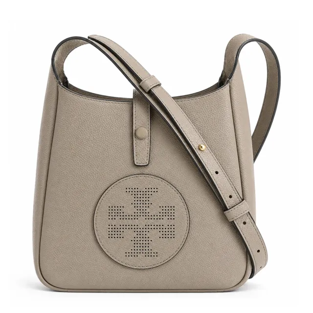 【TORY BURCH】MILLER SEING 荔枝紋皮革鏤空雙T圓章標誌斜背包(蒼鷺灰)