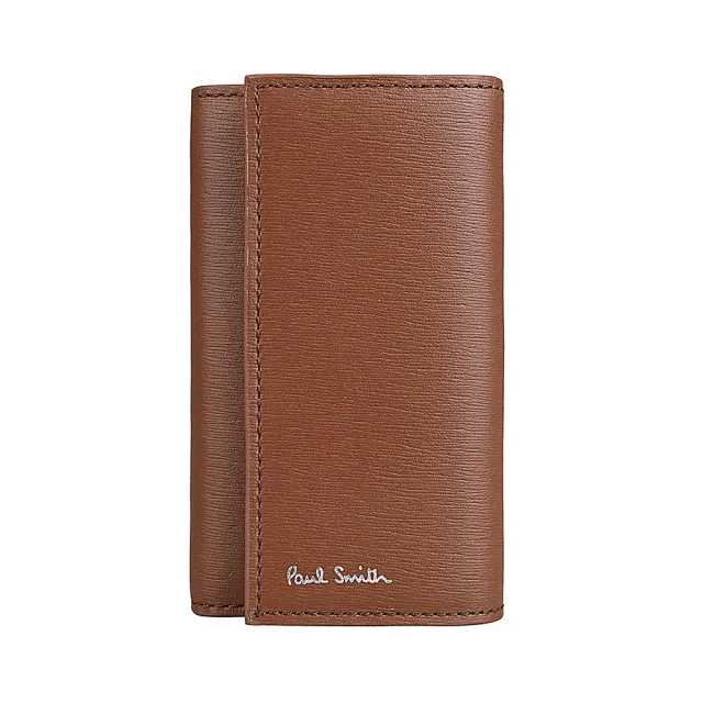 【Paul Smith】Paul Smith簡約燙印草寫LOGO水波紋設計牛皮釦式鑰匙包(棕褐x明黃x淺橘)