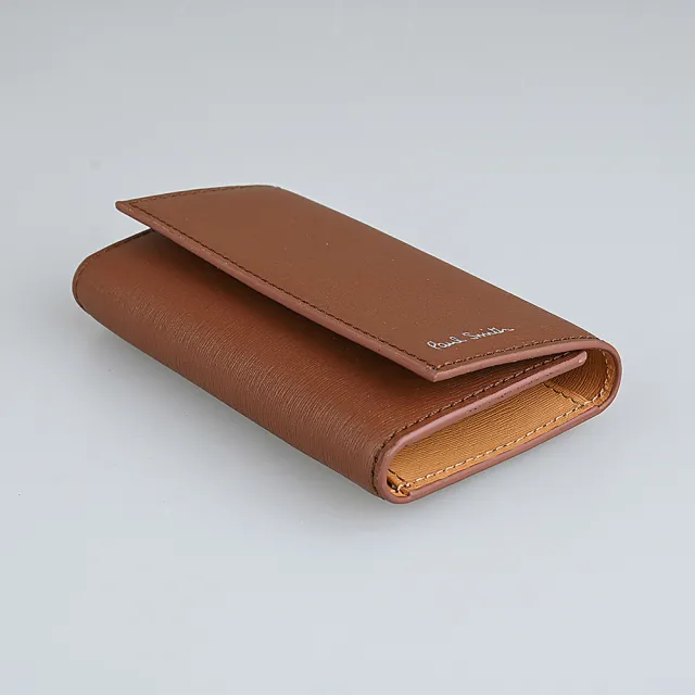 【Paul Smith】Paul Smith簡約燙印草寫LOGO水波紋設計牛皮釦式鑰匙包(棕褐x明黃x淺橘)