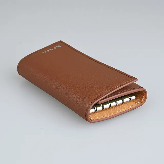 【Paul Smith】Paul Smith簡約燙印草寫LOGO水波紋設計牛皮釦式鑰匙包(棕褐x明黃x淺橘)