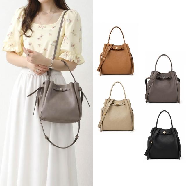 【TORY BURCH】ROMY 荔枝紋皮革束帶繩手提/斜背兩用水桶包(多色選)