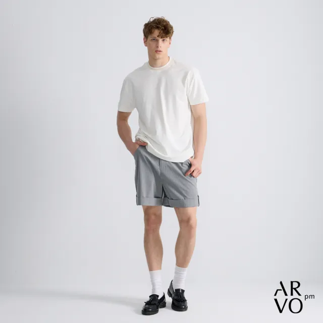 【ARVOpm】男女同款_灰色細條紋反折標準版短褲73126316002(雙11限定)