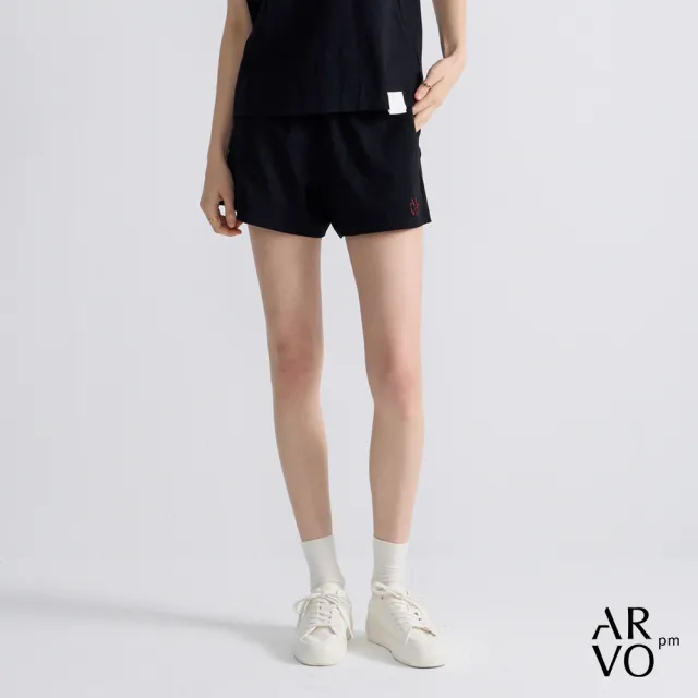 【ARVOpm】男女同款_logo刺繡黑色寬直筒短褲73126316008(限時6折)