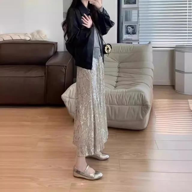 【米蘭精品】現貨限搶 女半身裙A字裙網紗裙中長裙百褶裙子大碼洋裝休閒大尺碼女裝(亮片魚尾裙包臀74km16)