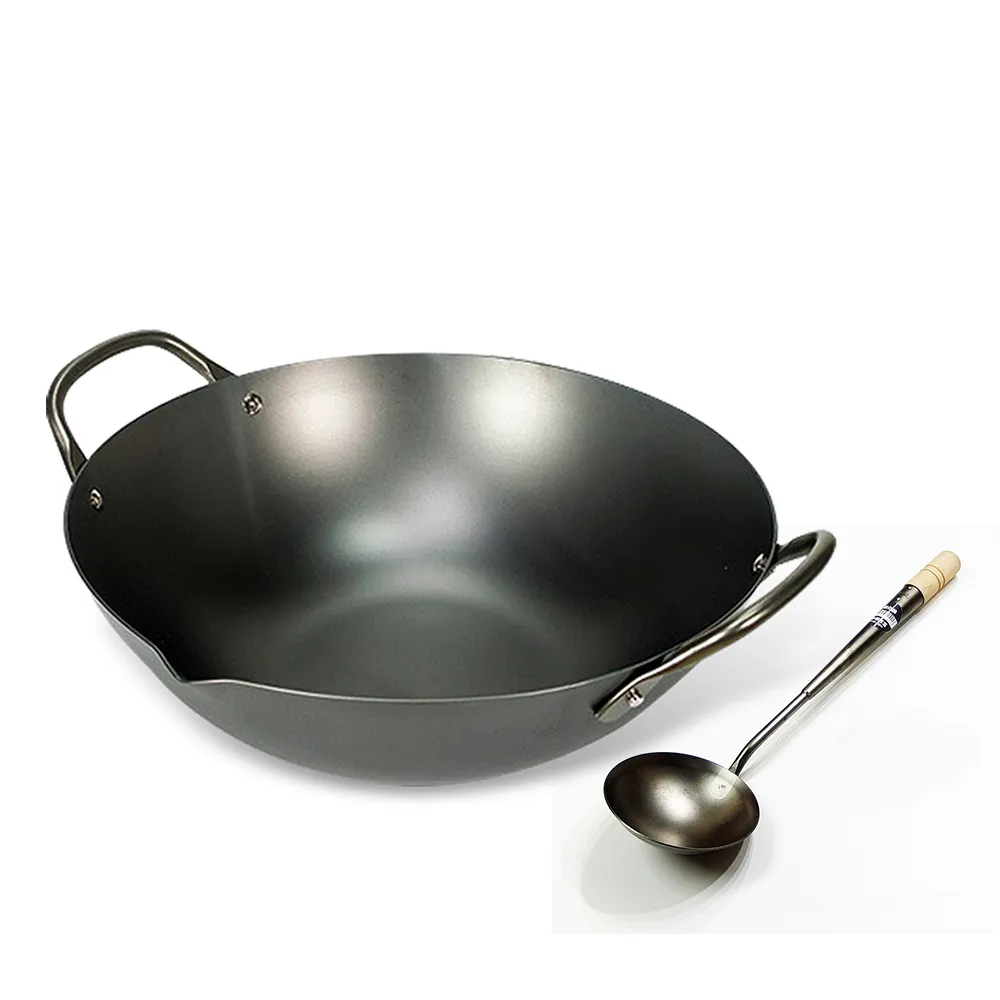 【PREMIUM 極】不易生鏽窒化鐵中華鍋炒鍋33cm+中式鍋鏟兩件組(日本製極鐵鍋無塗層)