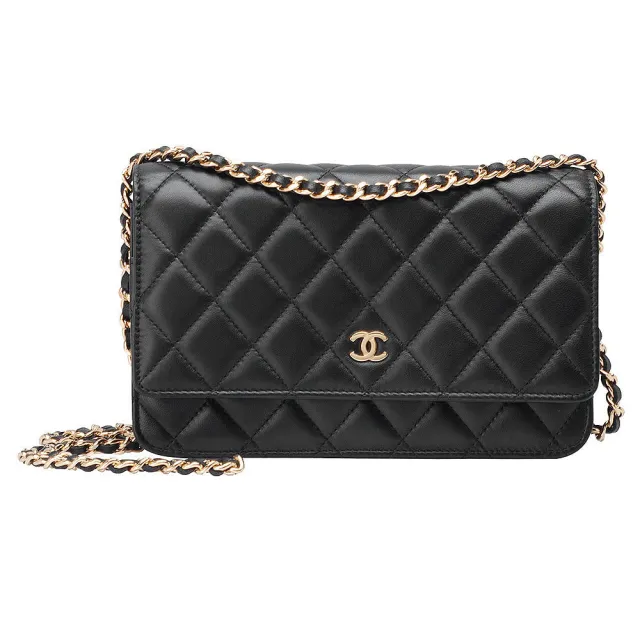 【CHANEL 香奈兒】經典雙C LOGO菱格紋小羊皮金鍊WOC手拿/斜背包