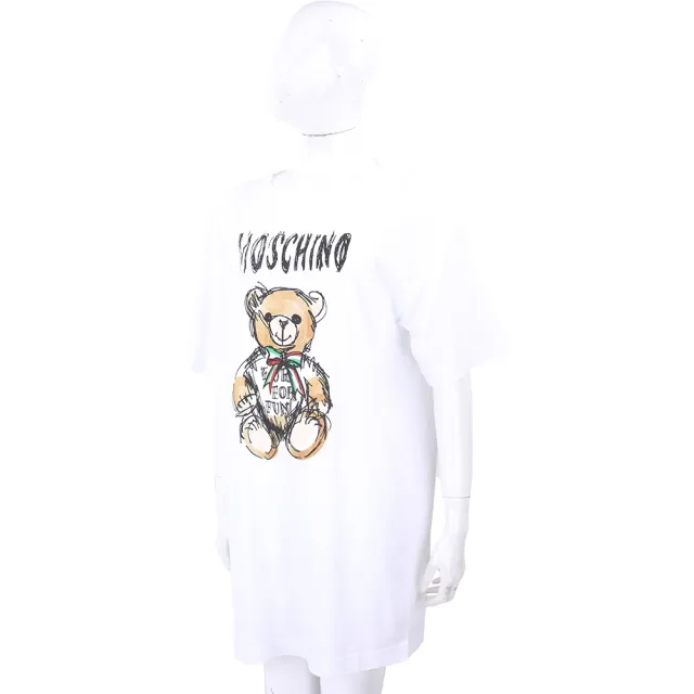 【MOSCHINO】手繪泰迪熊字母白色短袖長版TEE 洋裝