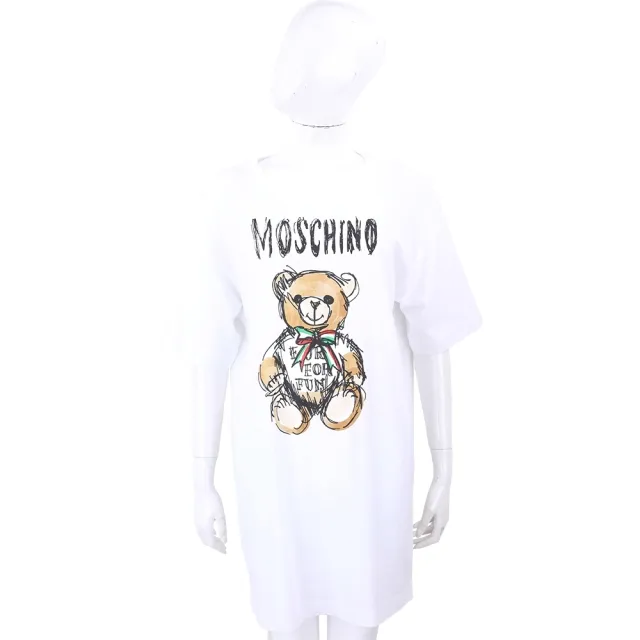 【MOSCHINO】手繪泰迪熊字母白色短袖長版TEE 洋裝