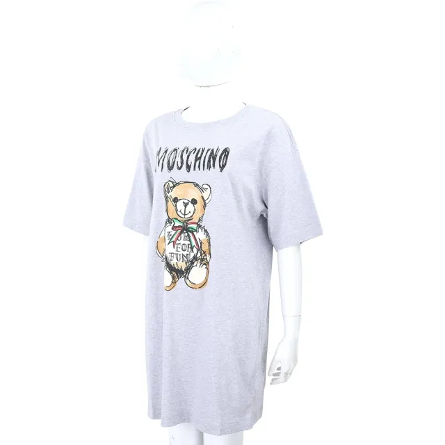 【MOSCHINO】手繪泰迪熊字母灰色短袖長版TEE 洋裝