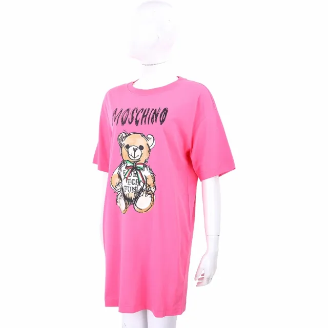 【MOSCHINO】手繪泰迪熊字母桃紅色短袖長版TEE 洋裝