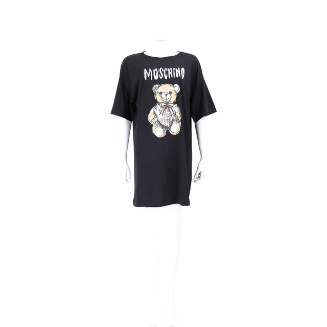 【MOSCHINO】手繪泰迪熊字母黑色短袖長版TEE 洋裝