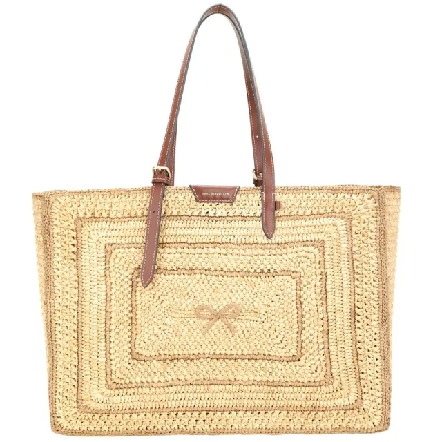 【ANYA HINDMARCH】Raffia E/W Bow 蝴蝶結拉菲草編手提 肩背橫向托特包-咖啡色