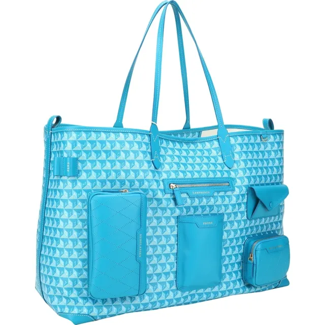 【ANYA HINDMARCH】I Am A Plastic XL 再生塗層帆布多口袋肩背托特包-藍色