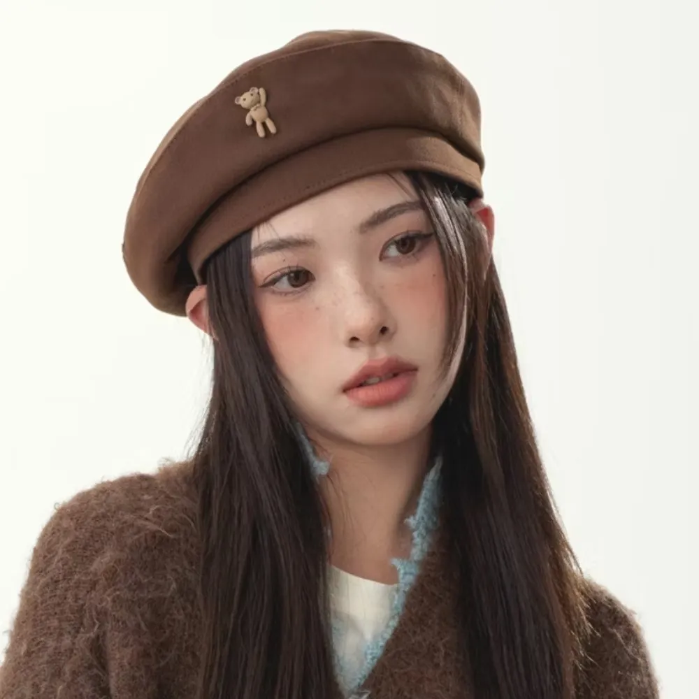 韓版秋冬小熊針織貝雷帽(毛呢保暖 貝蕾帽 畫家帽 報童帽 針織帽 八角帽 時尚穿搭配件)