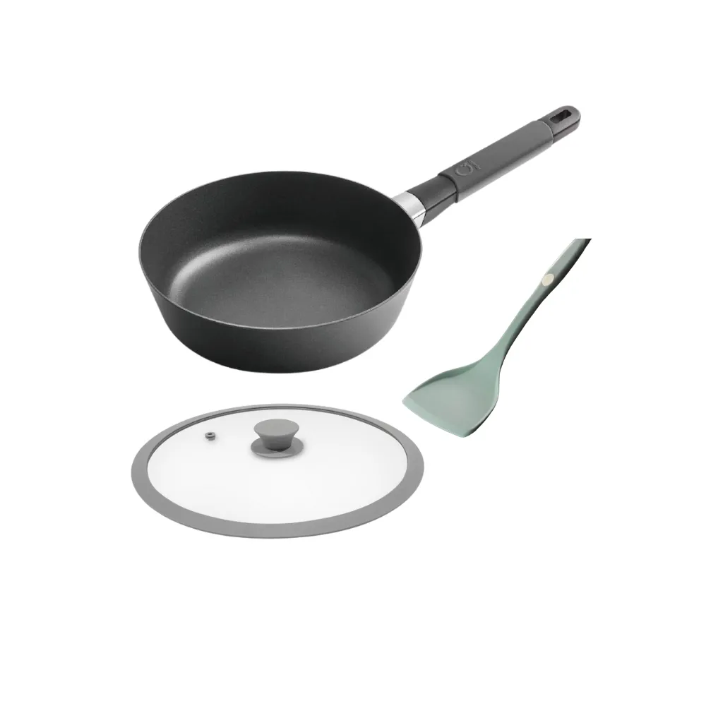 【瑞康屋UCOM】丹麥Squality可導磁輕鑄鍋28cm灰(+矽膠玻璃蓋28cm+炫彩矽膠煎匙)
