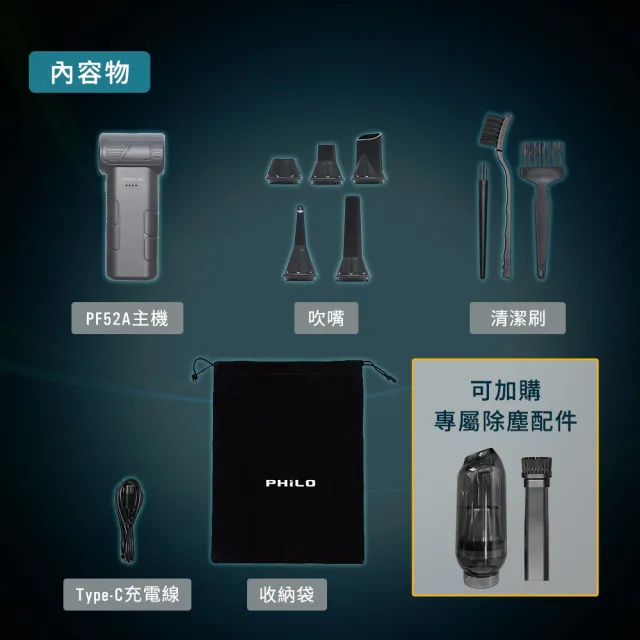 【Philo 飛樂】升級版13萬轉 渦輪無刷暴力風槍PF52A 加碼贈大全配(洗車打蠟吹乾吹塵 居家清潔除塵  吹塵槍)