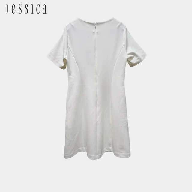 【JESSICA】舒適彈力棉鑽飾圓領短袖洋裝（米）G43701