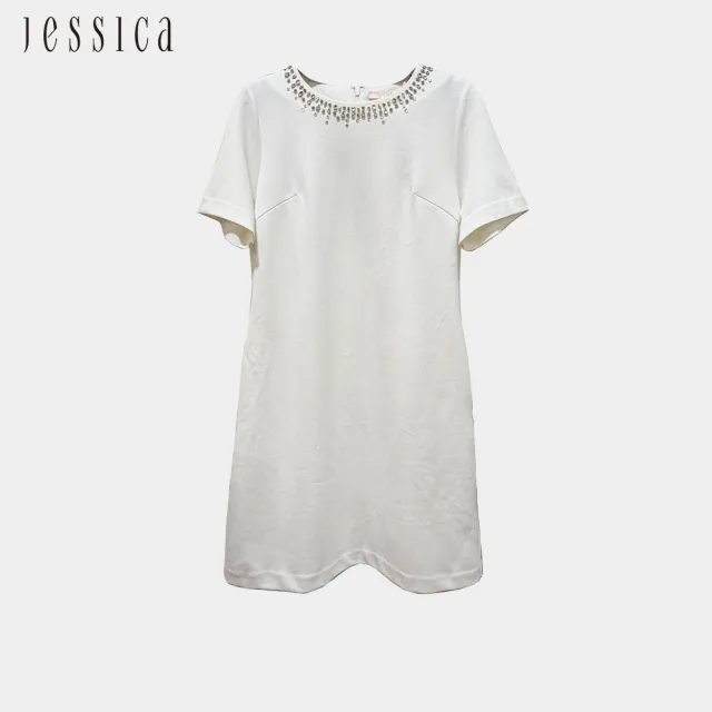【JESSICA】舒適彈力棉鑽飾圓領短袖洋裝（米）G43701