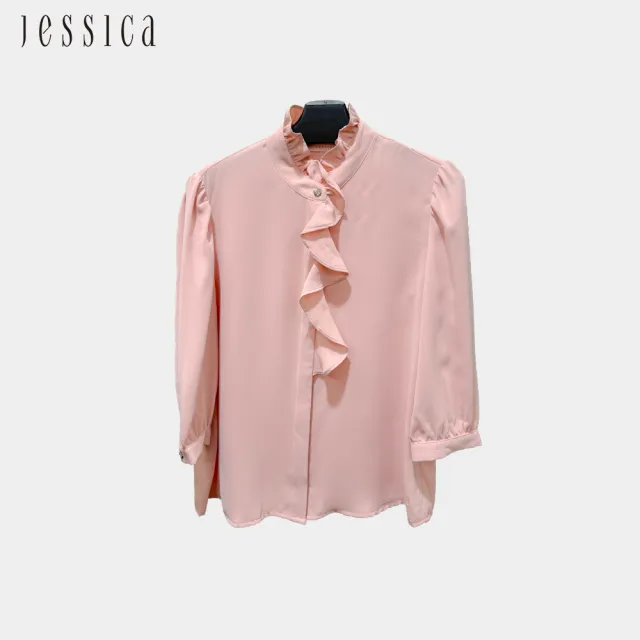 【JESSICA】法式氣質木耳領荷葉雪紡上衣（粉）G43303