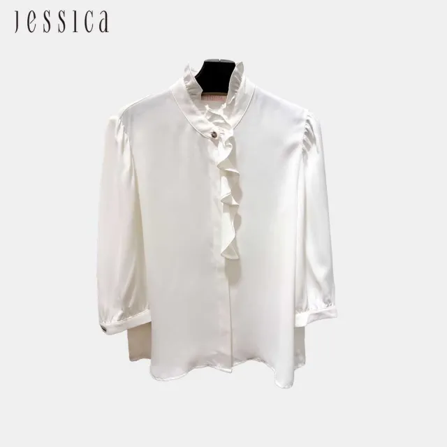 【JESSICA】法式氣質木耳領荷葉雪紡上衣（米）G43303