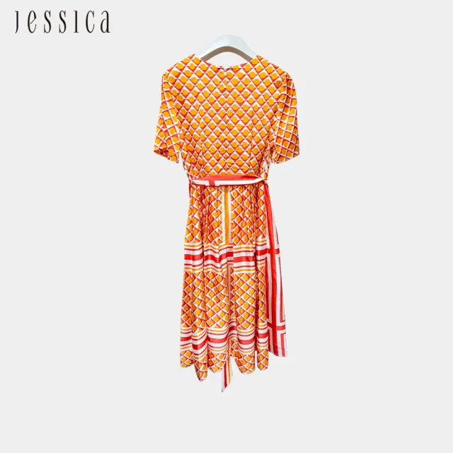 【JESSICA】清新幾何印花V領短袖雪紡洋裝（紅黃）243749