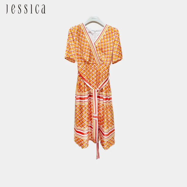 【JESSICA】清新幾何印花V領短袖雪紡洋裝（紅黃）243749