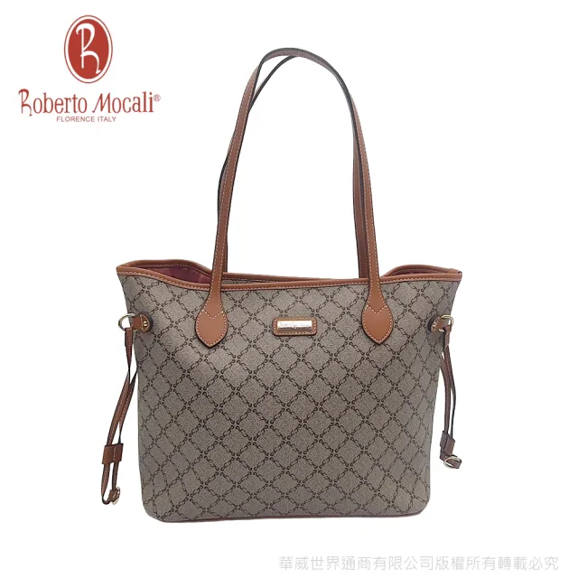 【Roberto Mocali】雙11 經典方格托特包(大)棕駝RM-89855 可放A4文件包