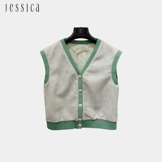 【JESSICA】氣質V領滾邊編織小香風無袖背心上衣243903