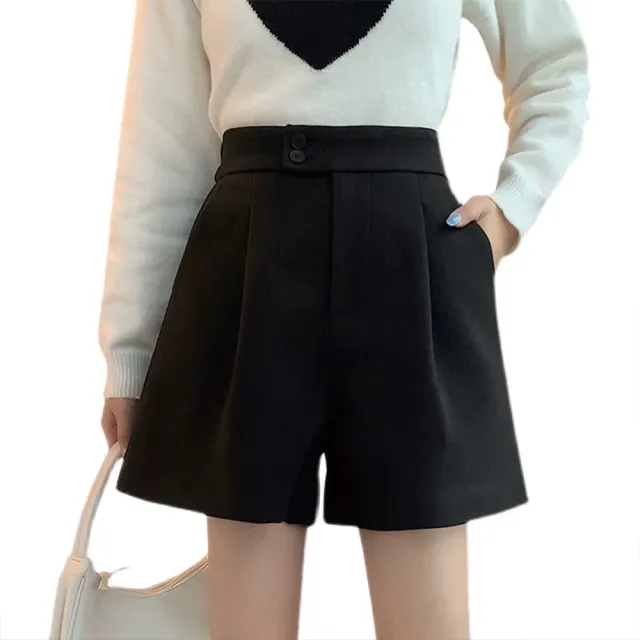 【TONYU 童嶼】女裝秋冬高腰A字短褲 顯瘦修身百搭寬褲腿短褲 毛呢舒適短褲