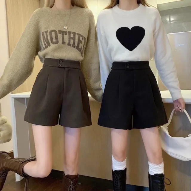 【TONYU 童嶼】女裝秋冬高腰A字短褲 顯瘦修身百搭寬褲腿短褲 毛呢舒適短褲