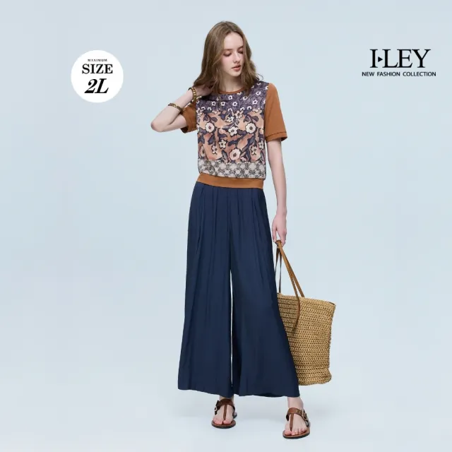 【ILEY 伊蕾】圓領拼接花卉棉質印花上衣(咖；M-2L；1262361412)