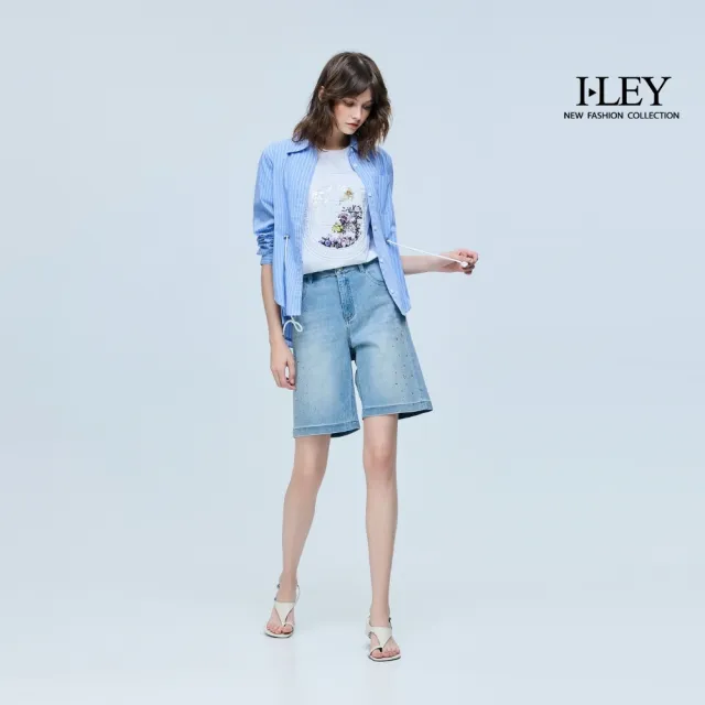 【ILEY 伊蕾】珠鑽中腰牛仔五分短褲(藍；M-XL；1262318510)