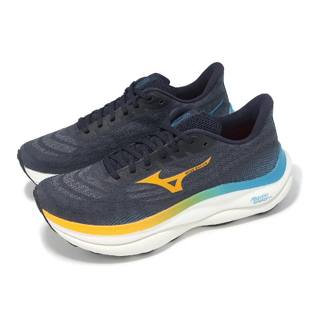 MIZUNO 美津濃】慢跑鞋Wave Sky 9 男鞋藍橘高緩衝穩定運動鞋美津濃