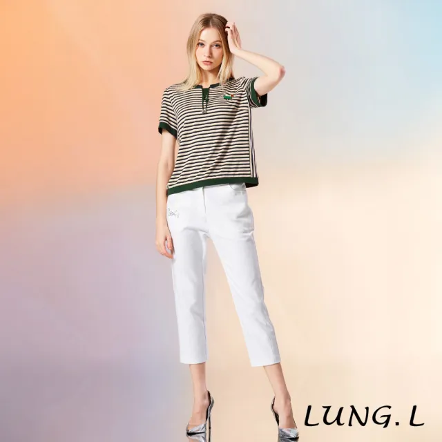 【LUNG.L 林佳樺】LW35A 綠色條紋領口綁帶涼感短袖女裝上衣