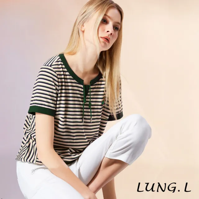 【LUNG.L 林佳樺】LW35A 綠色條紋領口綁帶涼感短袖女裝上衣