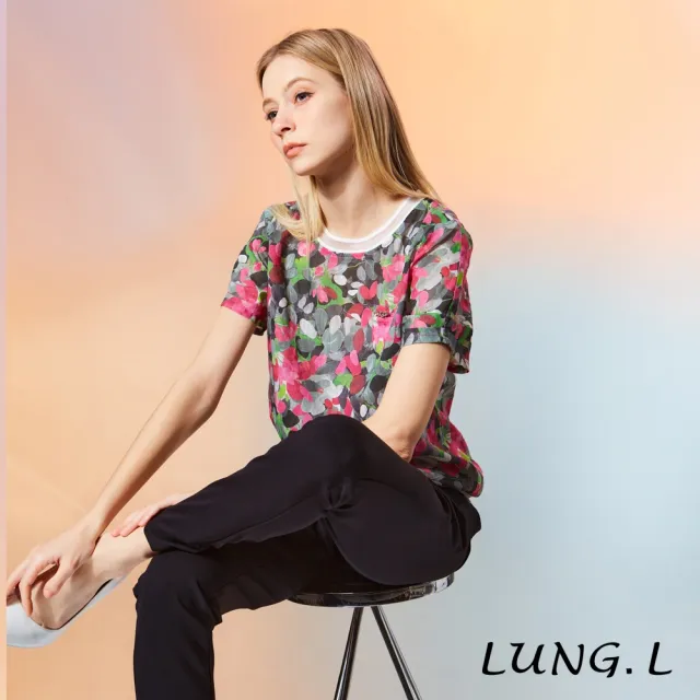 【LUNG.L 林佳樺】LW29A 黑底彩色花卉拼接圓領短袖女裝上衣（加大尺碼）