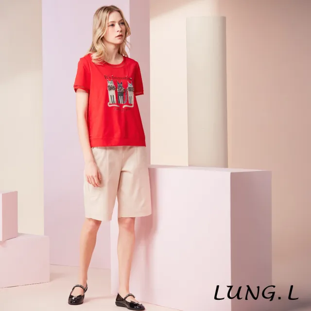 【LUNG.L 林佳樺】LW56A 紅色貓咪立體花飾短袖女裝T恤（加大尺碼）