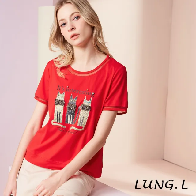 【LUNG.L 林佳樺】LW56A 紅色貓咪立體花飾短袖女裝T恤（加大尺碼）