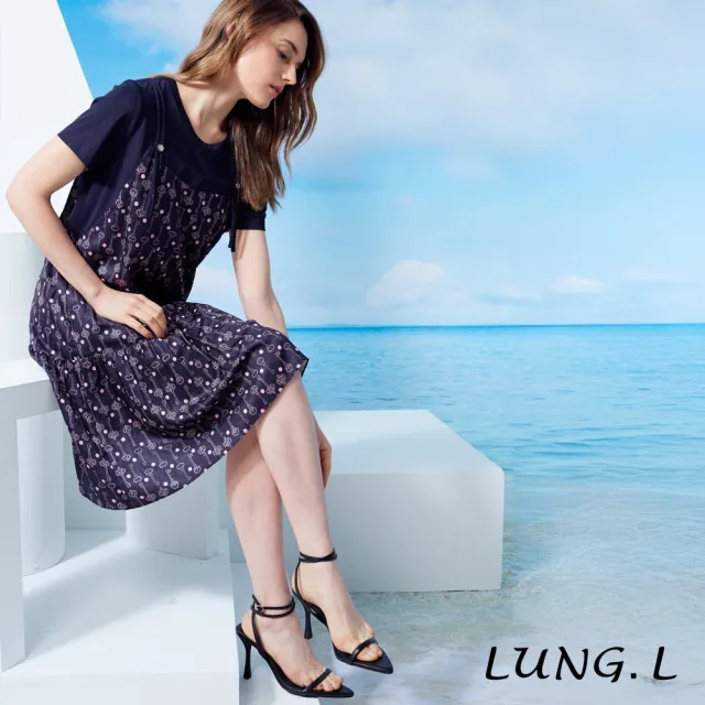 【LUNG.L 林佳樺】LU92H 深藍鑰匙印花假兩件短袖洋裝