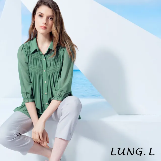 【LUNG.L 林佳樺】LW37A 飄逸感綠色百褶雪紡七分袖女裝襯衫