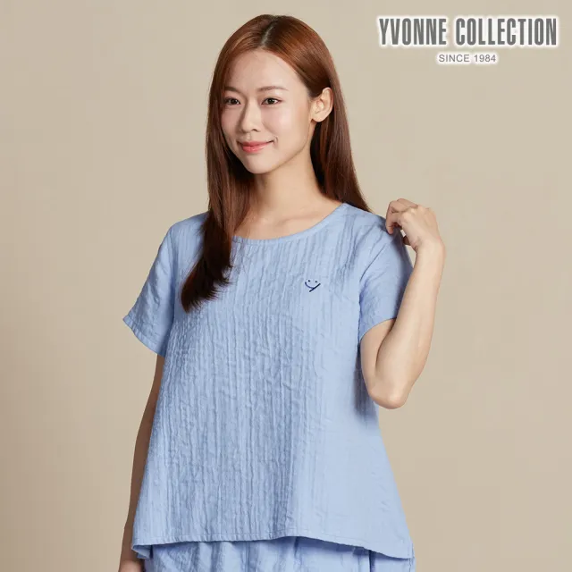 【YVONNE 以旺傢飾】雙層紗繡花短袖上衣-灰藍
