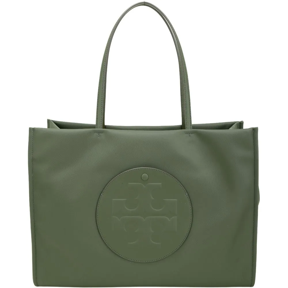 【TORY BURCH】Ella 大款 皮革盾牌前袋 尼龍肩背托特包-軍綠