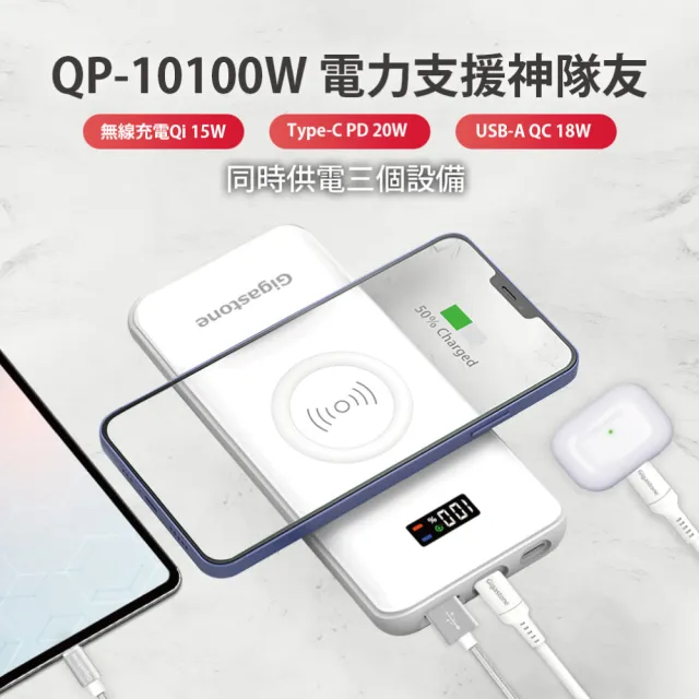 【Gigastone 立達國際】QP-10100W 10000mAh 3合1 PD/QC3.0 15W無線快充行動電源(37Wh/20W支援iPhone17)
