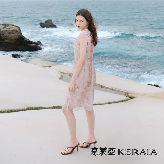 【KERAIA 克萊亞】粉雕花韻金線荷葉小洋裝