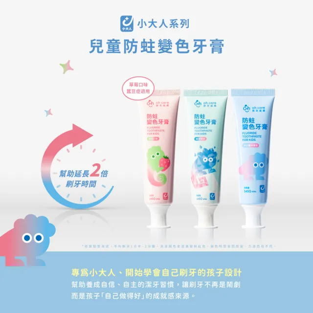 【oh care 歐克威爾】兒童防蛀變色牙膏70g x2入(含氟量1450ppm/全球獨家專利P113+抗菌成份/含氟牙膏)